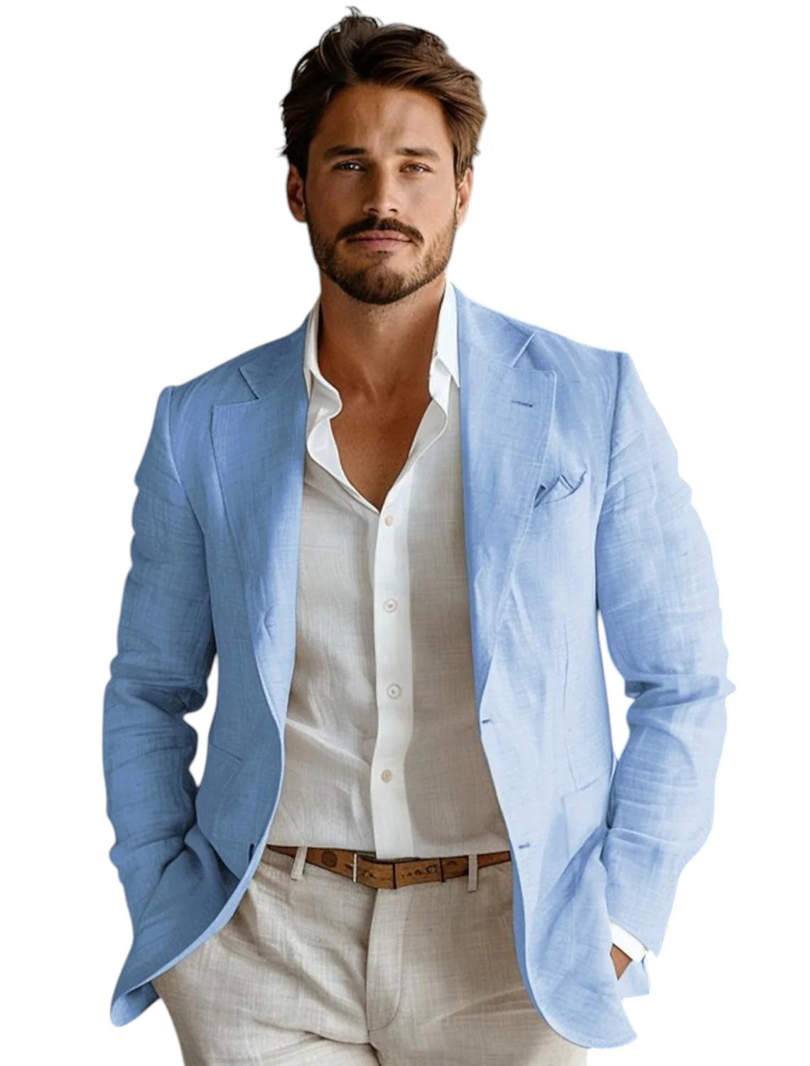 Men Formal Wear For Summer - Blazer Linen Pria Slim Fit Biru,